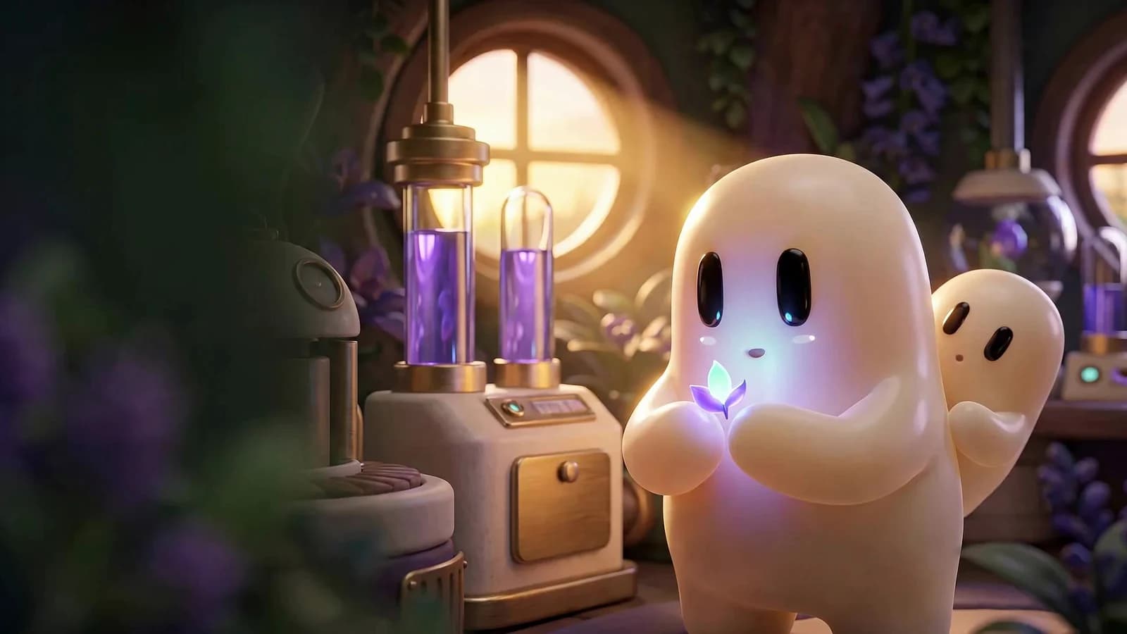 Two OTO Ghost Operators in a warm violet workshop, where a glowing flower becomes a gold Pepoto coin and its companion NFT