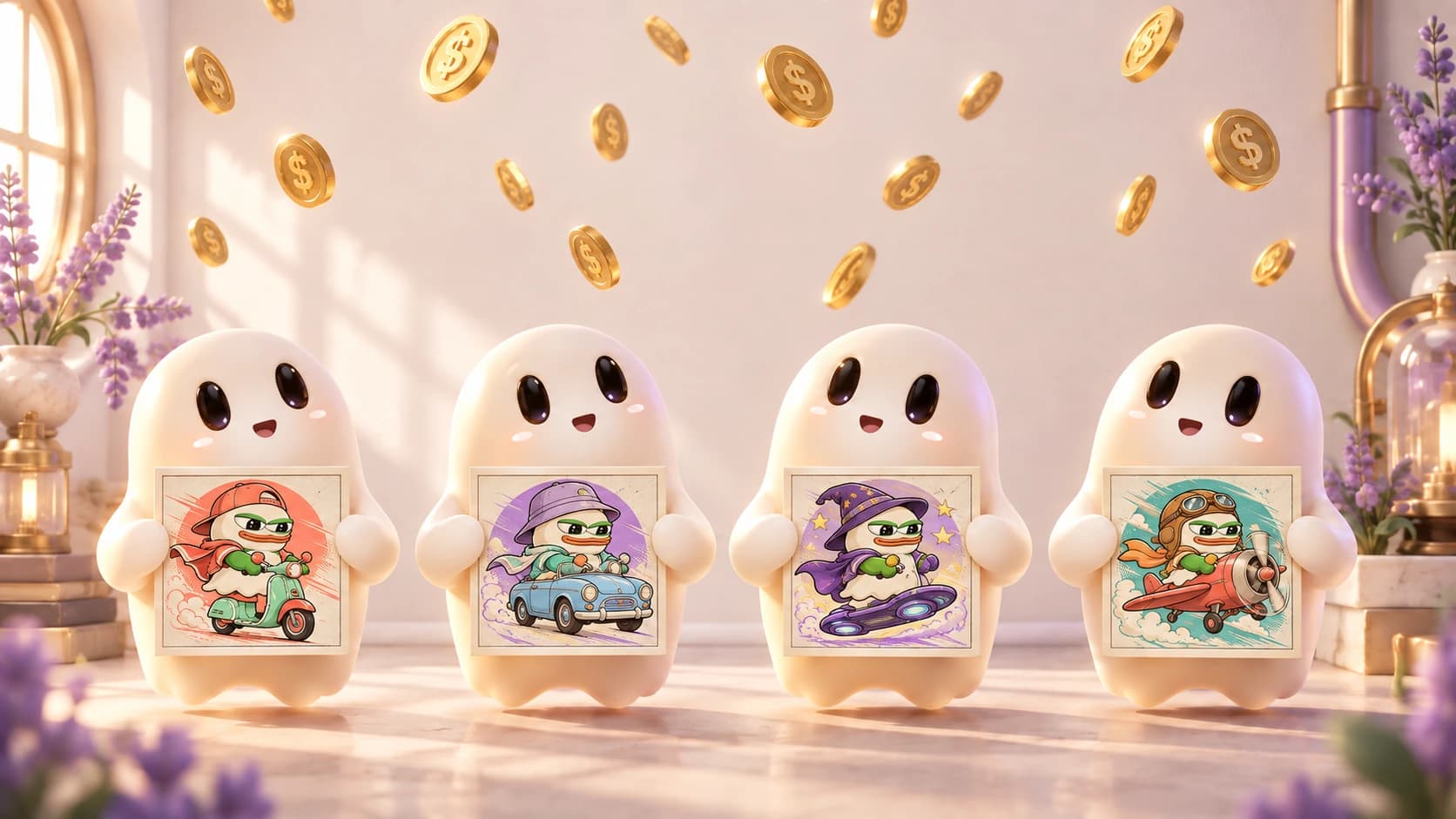 Four smiling OTO holders with different Pepoto companion NFTs, looking up at falling gold dollar coins that illustrate shared trading fees